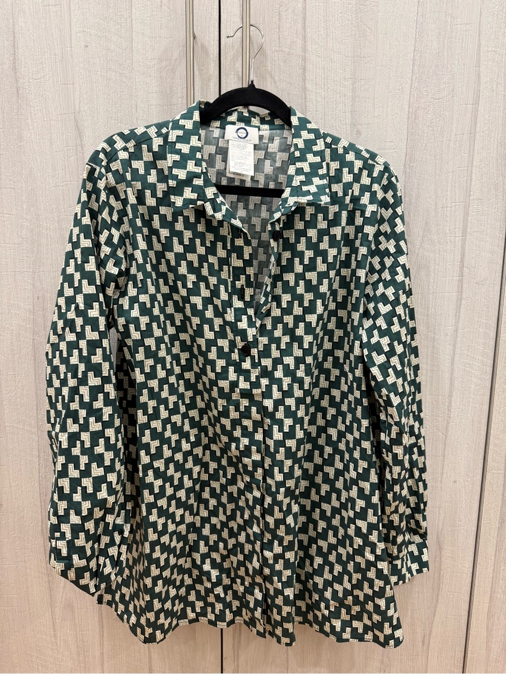 Marina Rinaldi Dark Green and White Geometric Button-Down Shirt